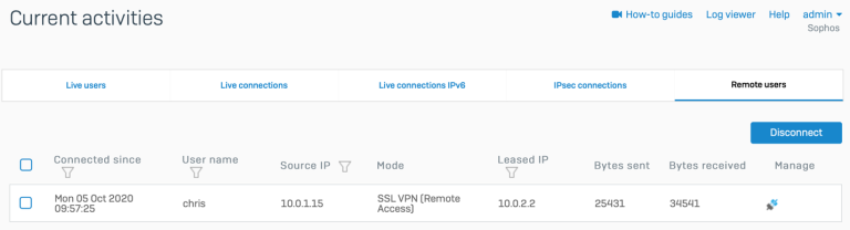 sophos xf firewall control center current activities